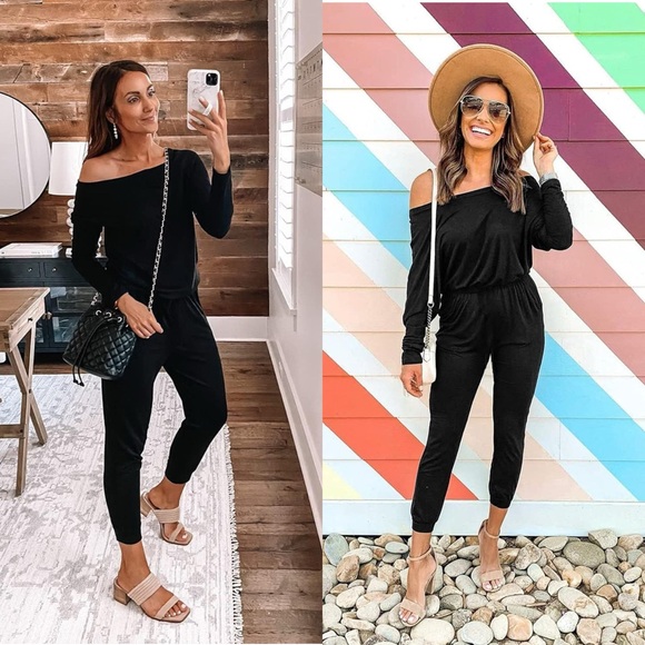 NWT Casual Long Sleeve Jumpsuit Crewneck One Off Shoulder Elastic Waist  SIZE XL - Picture 3 of 17